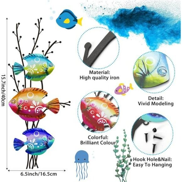 Metal Coastal Fish Wall Art Set Ocean Beach Nautical Decor Indoor Outdoor 2pcs - Picture 2 of 7